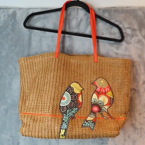 VERA BRADLEY Woven Straw Tote Two Birds on a Wire Shopping Beach Bag Shoulder - Picture 1 of 12