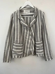 Grizas 100% Linen Jacket Size Medium Grey White Striped Lagenlook - Picture 1 of 13