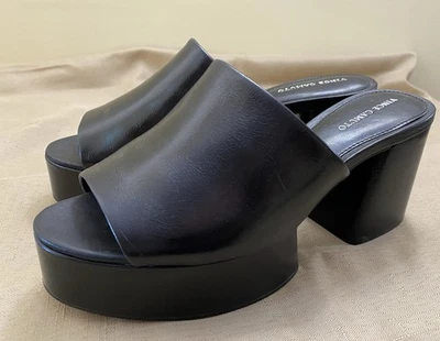 Vince Camuto Black Leather Feshania Platform Block Heel Mule Sandal Slides  7.5 - Image 1 of 4