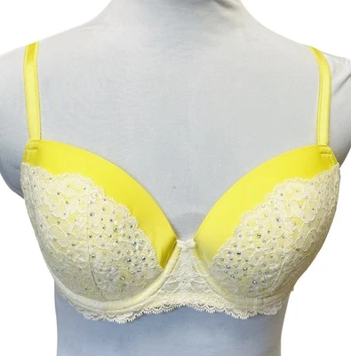 Sujetador Victoria's Secret Dream Angels Forrado Amarillo/Blanco Encaje Estrás 34DD Foto 1 de 4