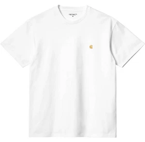 Carhartt Mens T-Shirt WIP Chase Logo Branded Jersey Cotton Tee in White / Gold - Picture 1 of 7