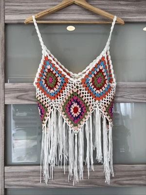 Rebellion Again Top Womens Small Multicolor Crochet Tank Cropped Polyester - Image 1 of 4