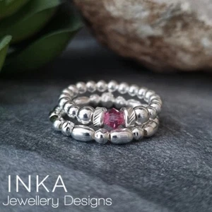 INKA 925 Sterling Silver stacking Stretch rings set of 2 Any Birthstone Bead - Picture 1 of 5