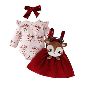 Christmas Baby Girl Outfit Newborn Cute Elk Fly Sleeve Romper Overall Dress I... - Picture 1 of 8