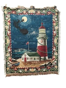 Weihnachten Leuchtturm gewebt Wandteppich Überwurf Krone Handwerk 58" x 48" Küste Urlaub - Bild 1 von 8
