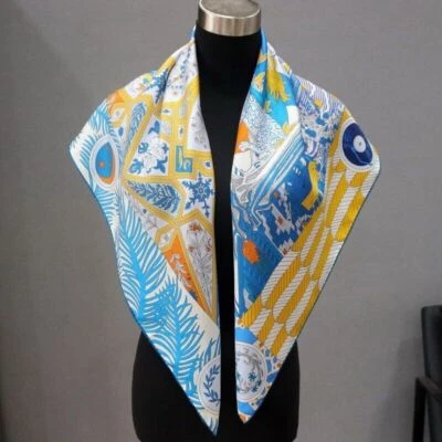 Pure Twill Silk ~18 Momme~ Double Face Scarf Stole Aztec Print Square Shawl 35" - Image 1 of 4