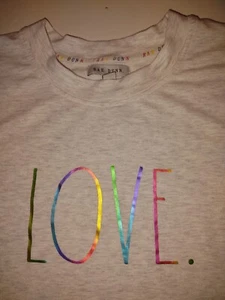 Rae Dunn METALLIC LOVE Sz L XL Heather Gray Crewneck Drop Shoulder Sweatshirt EC - Picture 1 of 5