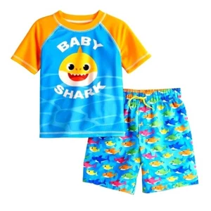Baby Shark Boys Swimsuit Size 2 3 4 5 Toddler Swim Trunks Rash Guard Shirt Short - Picture 1 of 3
