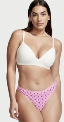 Victoria's Secret - M Stretch Cotton Thong Panty - Pink w/ Purple Hearts - NWOT - Image 1 of 4