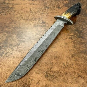 20" MACHETE STUNNING CUSTOM MADE HAN FORGED DAMASCUS STEEL BOWIE, STAG HORN - Picture 1 of 4