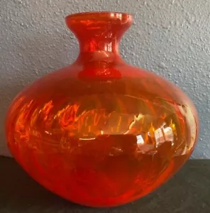 Vintage 1950s Orange Art Optic Blown Glass Swirls & Bubbled Bottom Bulb Vase - Picture 1 of 7