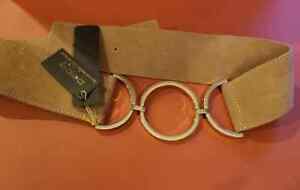 BEBE belt suede belt with gold circle beige tan sz S  28"-30" new 2 1/4 " wide