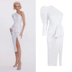 Vestido Neiman Marcus Gigii's Lentejuelas Blanco Una Manga Midi Novia Boda - Imagen 1 de 7
