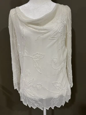 DRESSBARN COLLECTION Ivory Beaded Blouse Weddings Cocktails Size Large - Image 1 of 4