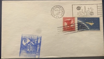 SURVEYOR C Launch Official NASA BLUE Cachet  ; KSC 17 APRIL 1967 + MERCURY STAMP - Image 1 of 4