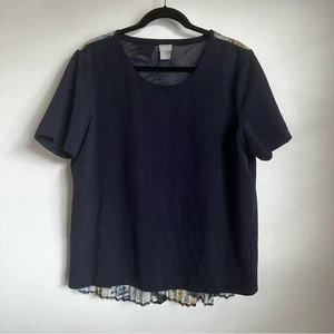 CHICO’S Top 3 Women’s XL navy Blue Mixed Media Pleated Back Short Sleeve T-shirt - Picture 1 of 10