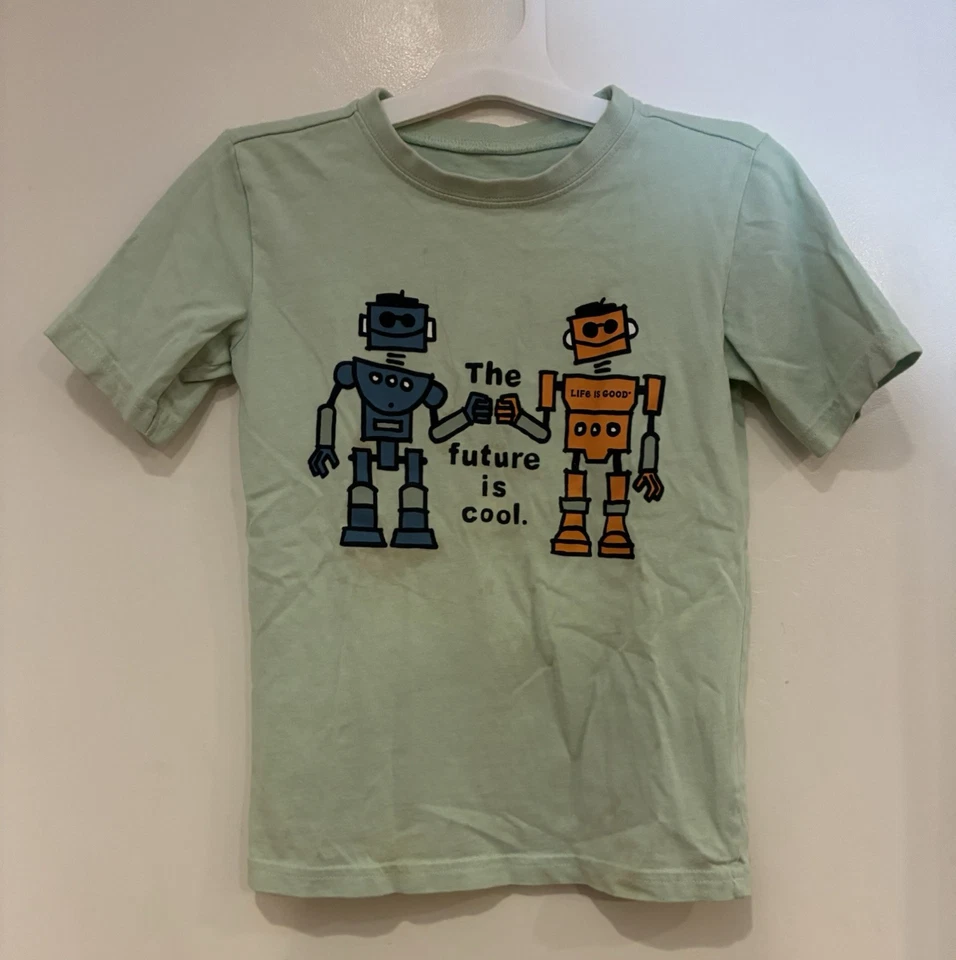 Camisa trituradora Life Is Good Kids niños robots 100 % algodón manga corta verde tendido XS Foto 1 de 4