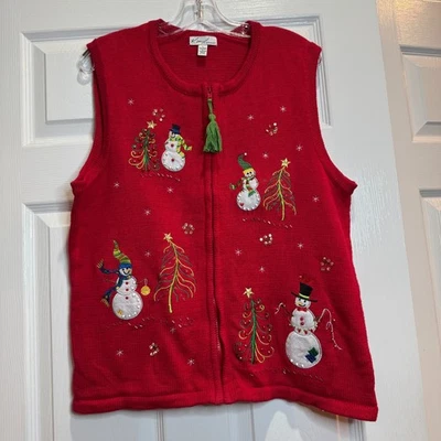Kim Rogers Chaleco de Navidad para Mujer Rojo Tejido Bordado Cuentas Muñecos de Nieve Talla Grande Foto 1 de 4