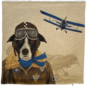 BLUE FLYER PILOT 18" BELGIAN TAPESTRY CUSHION PILLOW COVER, BEIGE VELVET BACK - Picture 1 of 8