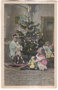 ANTIGUA POSTAL NAVIDAD NIÑO MONTAR HOBBY CABALLO, NIÑA JUGANDO CON MUÑECA - Imagen 1 de 2