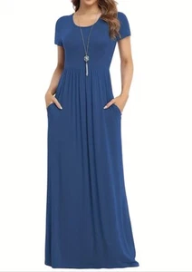 Ranlege XL US Size 12 Roy Blue Pocket Short Sleeve Long Maxi Dress New Free Ship - Picture 1 of 2