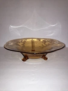 Vintage 1930'S FOSTORIA Amber  12” Serving Bowl Depression GLASS W/Etched Flower - Picture 1 of 5