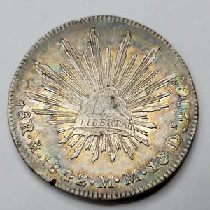 1842 Mo 8 Reales Mexico RAINBOW TONED Circulated Cap & Rays Rim Hit *G727 - Picture 1 of 4