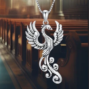 Phoenix Necklace 925 Sterling Silver Unisex Pendant on Box Chain - Picture 1 of 6
