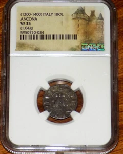 (1200-1400) Italy Sicily Crusades Ancona Silver 1 Bolognino (1.04g) NGC VF-35 - Picture 1 of 4