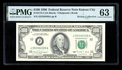 DBR 1990 $100 FRN Kansas City Fr. 2173-J PMG 63 Serial J35336309A - Image 1 of 2