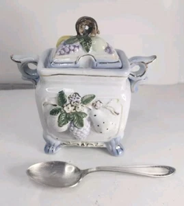 Vintage Ceramic Sugar Bowl Embossed Fruit dual Handles & Oneida Par Plated Spoon - Picture 1 of 18