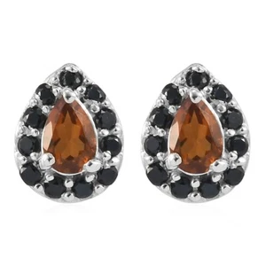 Santa Ana Madeira Citrine Black Spinel Halo Stud Earrings Platinum Plated - Picture 1 of 5