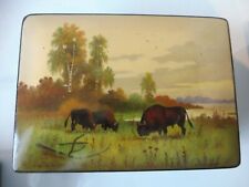 Beautiful, old, Russian Lacquer Box, Fine Lacquer Painting: Buffalo IN Landscape