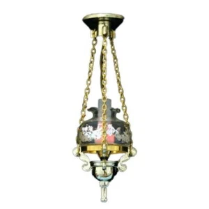 Maison de poupées fantaisie victorienne lampe à pétrole suspendue abat-jour verre gravé doré lumière 12V - Photo 1 sur 8