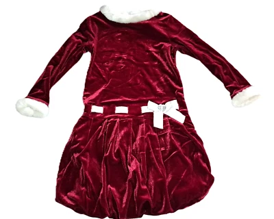 Girls YOUNGLAND red velour Christmas dress 6 white faux fur puff hem Santa - Image 1 of 4