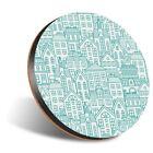 1 x Round 12cm Coaster - Teal Hand Drawn Houses Home #21706
