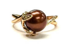 14K Rose Gold Round 8.25mm Chocolate Pearl & Round Diamond Ring Size 7