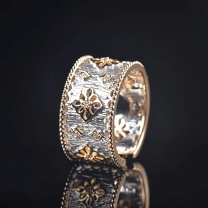 Vintage Carved Natural Diamond Unisex Open Ring Band 14K 2-Tone Gold Fine Gift - Picture 1 of 12