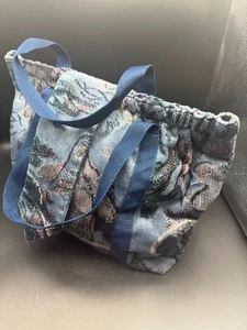 Large Tapestry Bag Blue Mauve 15" L x 10" T Interior Exterior Pockets - Picture 1 of 7