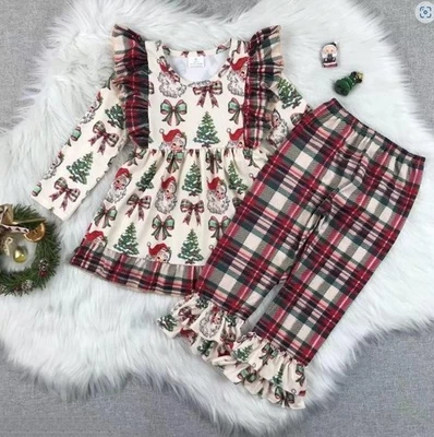 NOVO Conjunto de Roupa Calça Xadrez Túnica Babado Natal Papai Noel Meninas Boutique - Imagem 1 de 2
