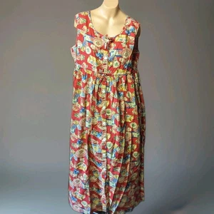 Vintage 1990s Red Cake Picnic Cottagecore Novelty Print Midi Sun Babydoll Dress - Picture 1 of 8