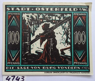 GERMANY 1921 - STADT  OSTERFELD -100 Pfg -AU/UNC -GrM 1033 - No: 10   WATERMARK - Image 1 of 2