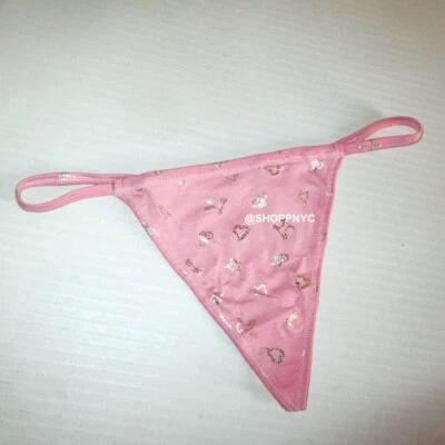 PINK Victoria Secret Cotton V-String Thong Panty Sz L Pink Gold Hearts Logo Soft - Image 1 of 3