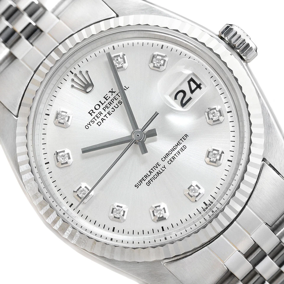 MENS ROLEX DATEJUST 18K WHITE GOLD & STAINLESS STEEL SILVER DIAMOND DIAL WATCH - image 1 of 4