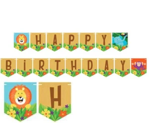 Jungle Safari Shaped Ribbon Happy Birthyday Banner Monkey Lion Elephant Jungle - Picture 1 of 2