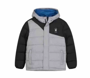 SPYDER Boys L 14-16 Circuit Color Block Puffer Hooded Jacket Gray/Black NWT $149 - Picture 1 of 14