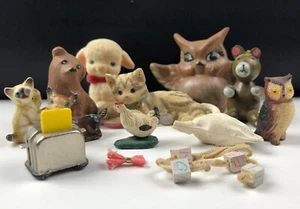 Vintage Dollhouse Miniature Toy Lot Diorama Animals Cat Owl Deer Sheep Chicken - Picture 1 of 11