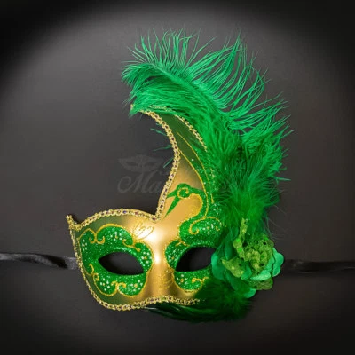 Máscara de mascarada de cisne de plumas verde y dorado material de resina Foto 1 de 4