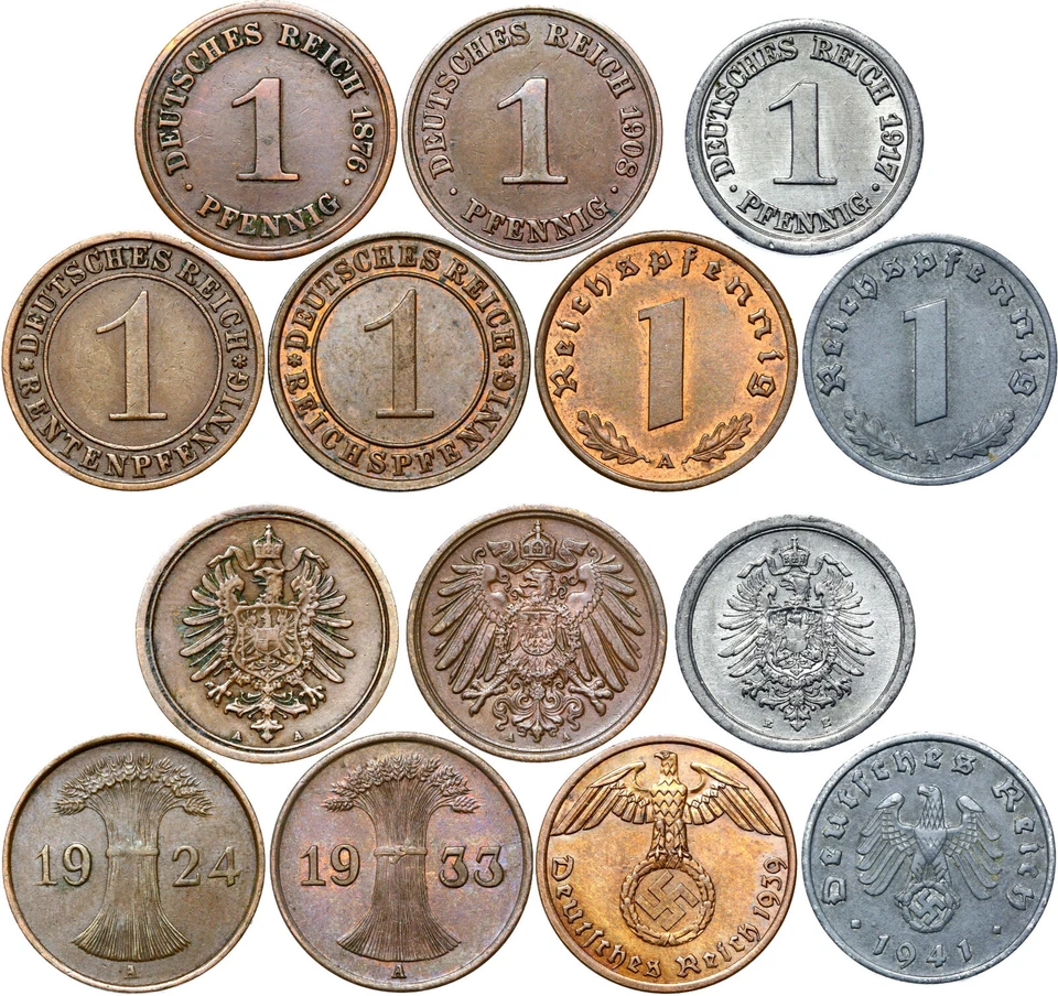 Germany Deutsches Reich - BUNDLE Set 7 Coins 1 Pfennig 1874-1944 LOT Collection - Image 1 of 1