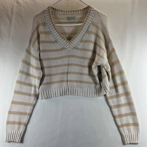 American Eagle White/Beige Striped V-Neck Cropped Sweater Women's Size Small - Picture 1 of 15